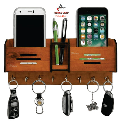 Multipurpose Wooden Wall Hanging Mobile Holder and 5 Keys Holder