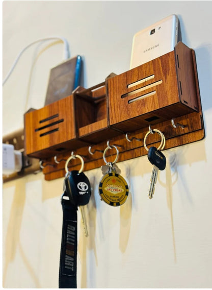 Multipurpose Wooden Wall Hanging Mobile Holder and 5 Keys Holder