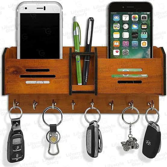 Multipurpose Wooden Wall Hanging Mobile Holder and 5 Keys Holder